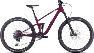 Bicicleta de montaña Cube Stereo ONE44 C:68X SLX con suspensión total en color rojo baya.