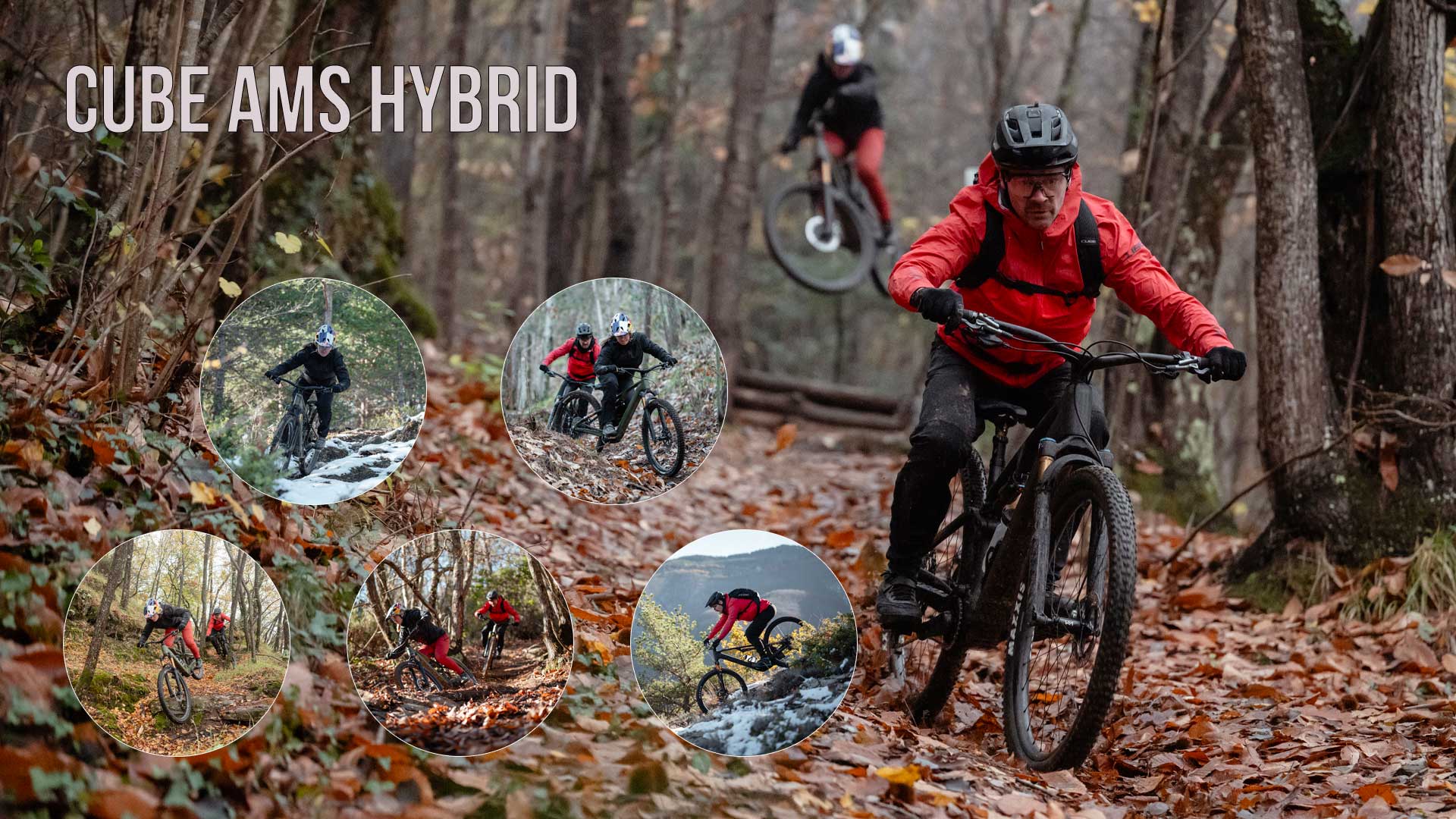 Se puede ver un collage de imágenes titulado «Cube AMS Hybrid». En él aparecen varios ciclistas circulando por el bosque.