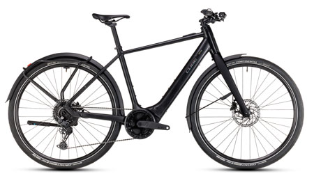 Se puede ver una bicicleta eléctrica Cube Editor Hybrid SLT de color negro.