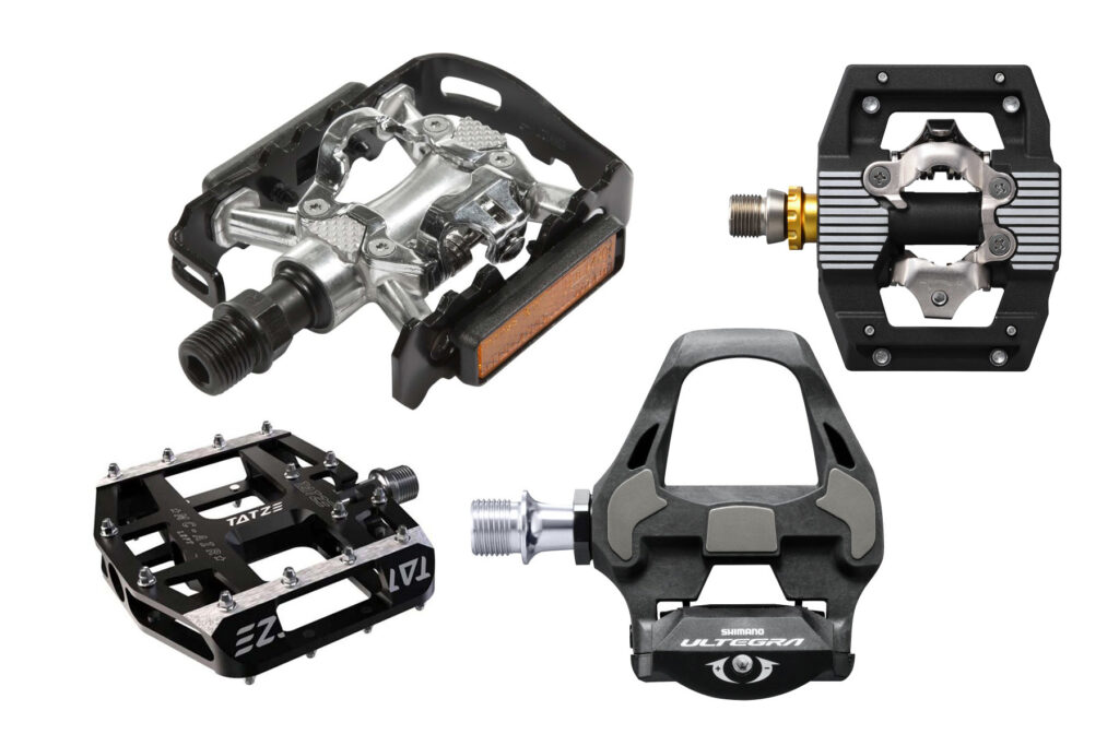 Cuatro tipos diferentes de pedales de bicicleta en la imagen
